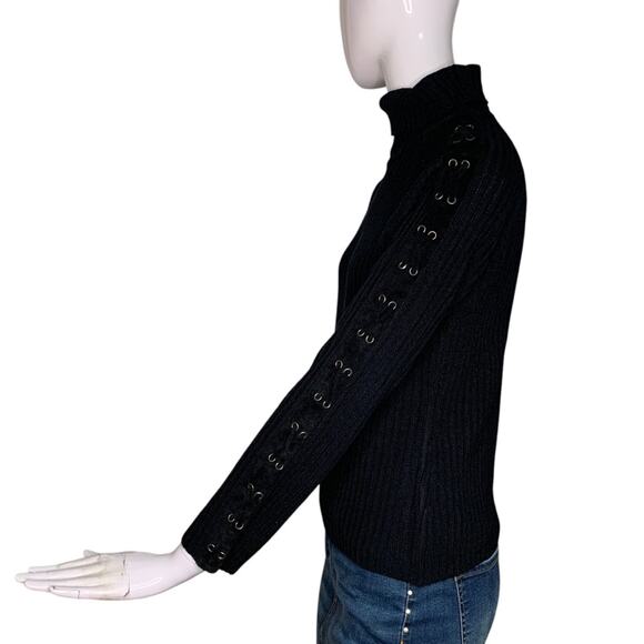 Nina Leonard Ribbed Turtleneck Sweater Top Black Size M Grommeted Lace Up Sleeve - Picture 5 of 10